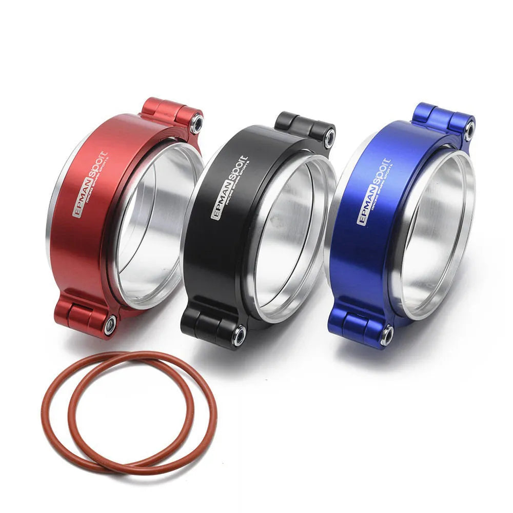Aluminium fixed movement exhaust clamp in black, blue, or red for 2-inch to 4-inch downspouts.