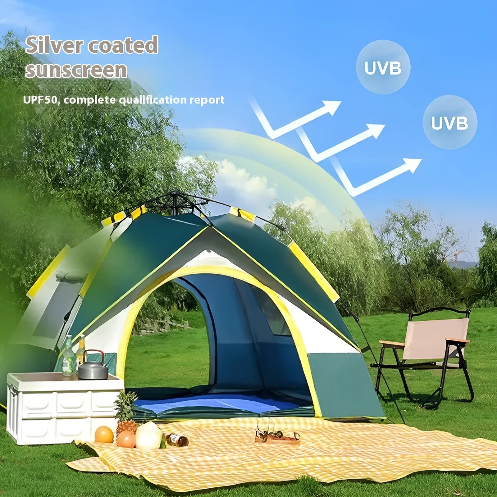 Dark green automatic quick-open camping tent for 3-4 people set up in an outdoor field.