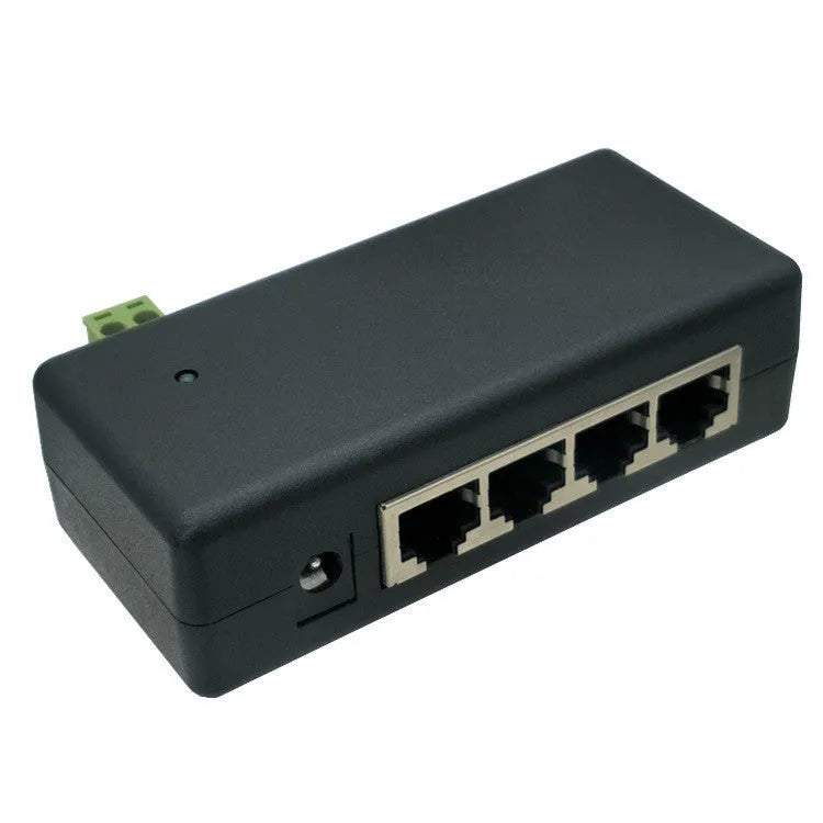 Four-port PoE DC power supply module in black plastic housing with RJ-45 interfaces