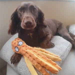 Blue octopus-shaped plush dog toy with crinkle paper and squeaker features on a plain background.