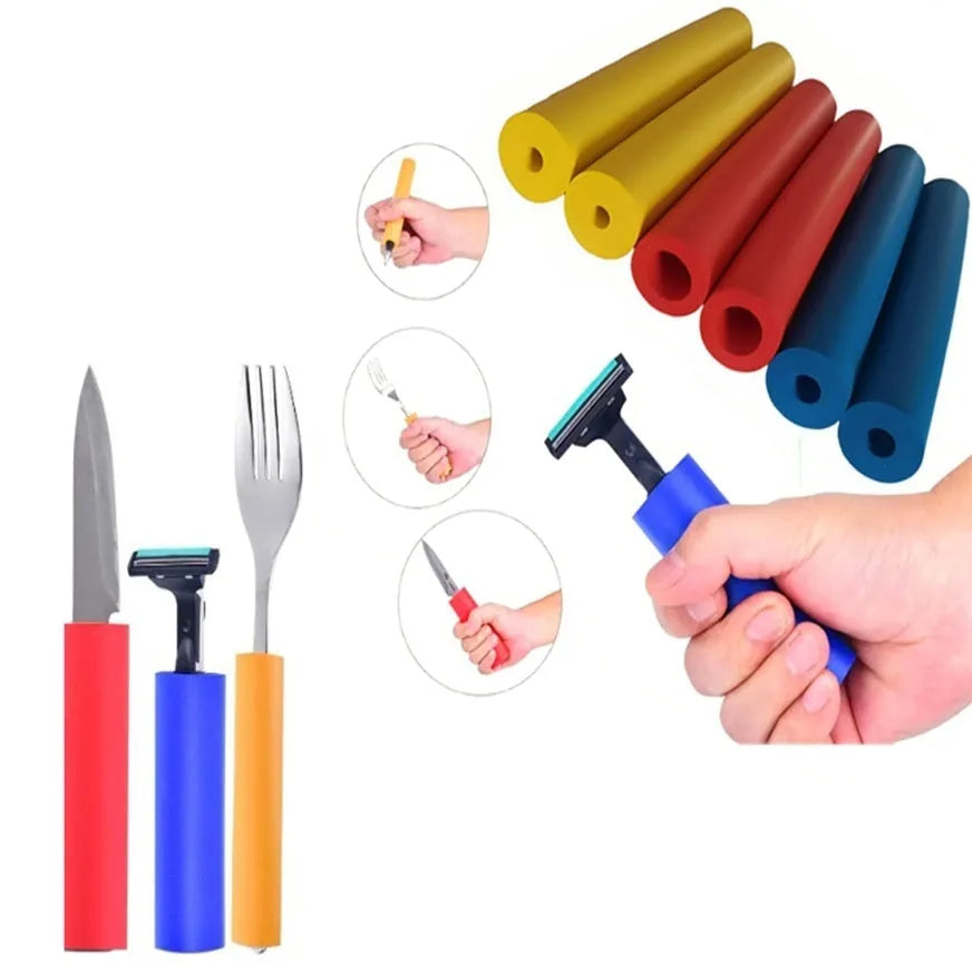 Set of rubber grip hoses for improving hold on tableware and pen handles.