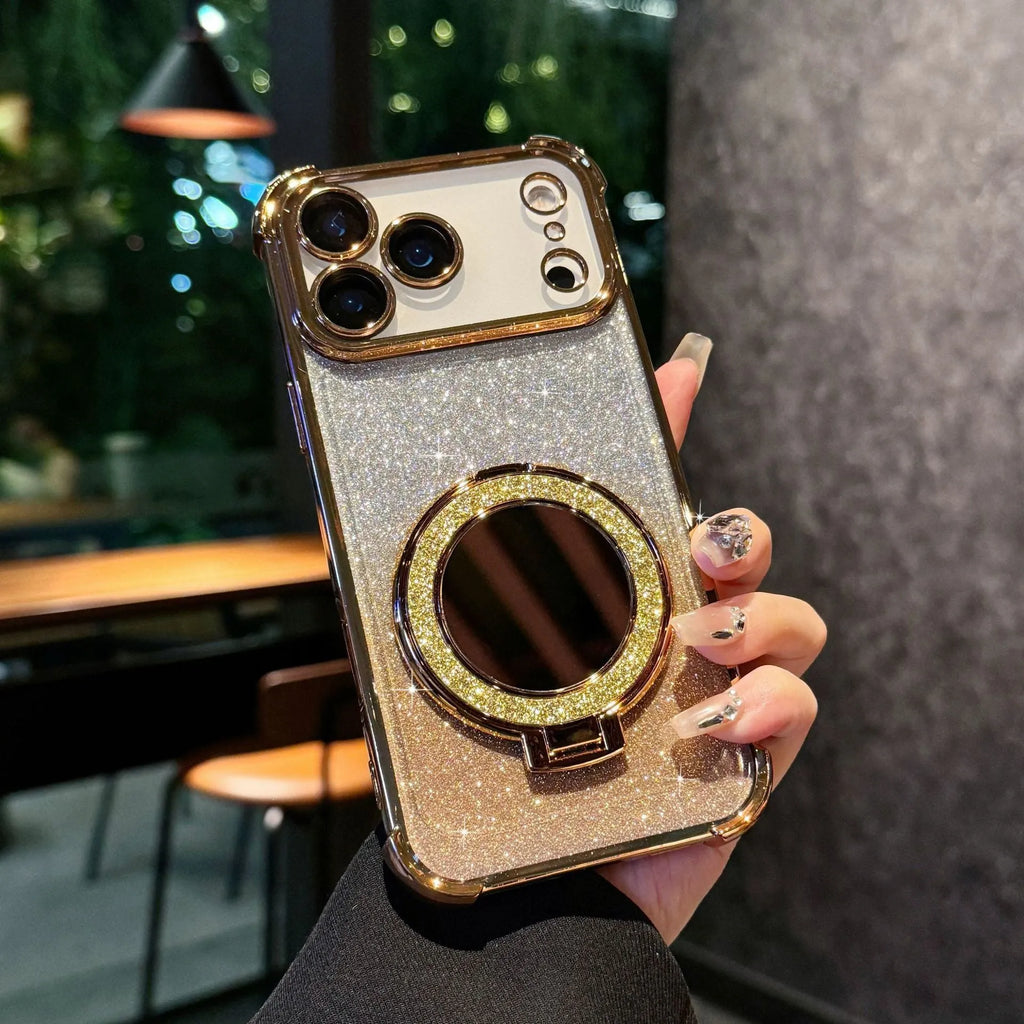 Glitter mirror magnetic bracket TPU phone case for iPhone 17 series in gradient flash mirror colours