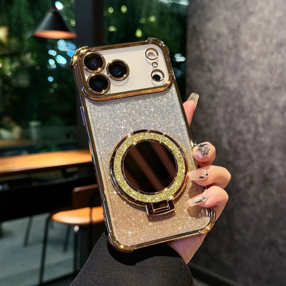 Glitter mirror magnetic bracket TPU phone case for iPhone 17 series in gradient flash mirror colours