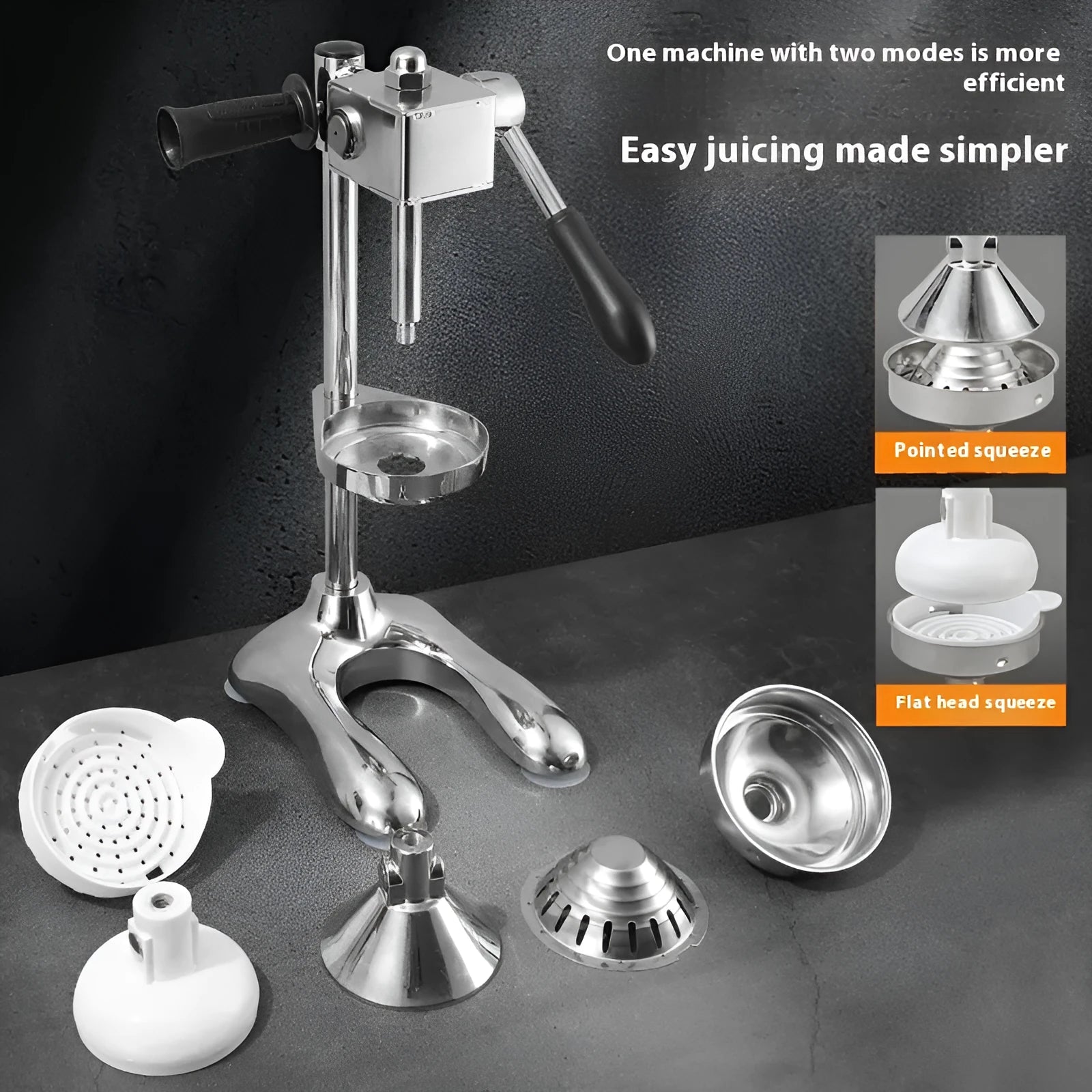 Vertical stainless steel manual juicer with lever, shown in multiple colour and head style options.