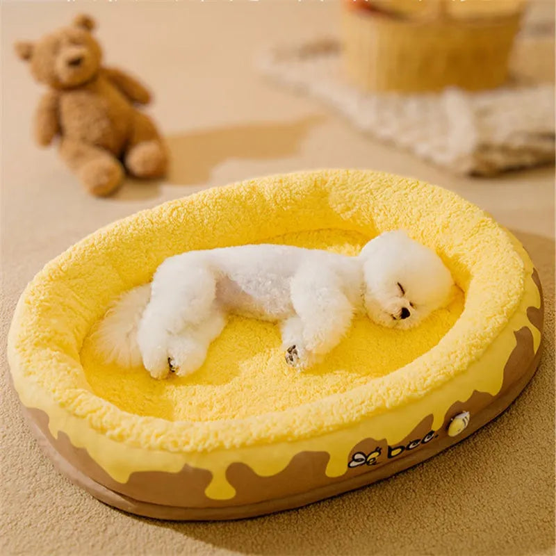 Detachable washable pet bed for dogs and cats in grey or yellow, available in four sizes.