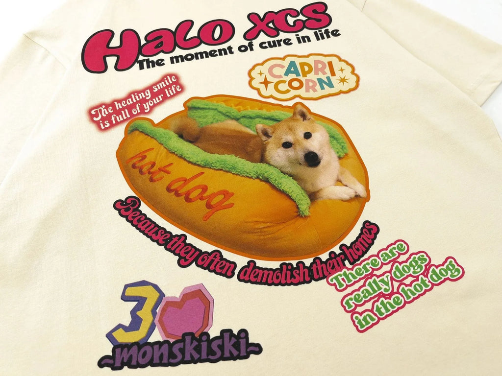 Cartoon hamburger and dog printed cotton t-shirt in loose fit with round neck