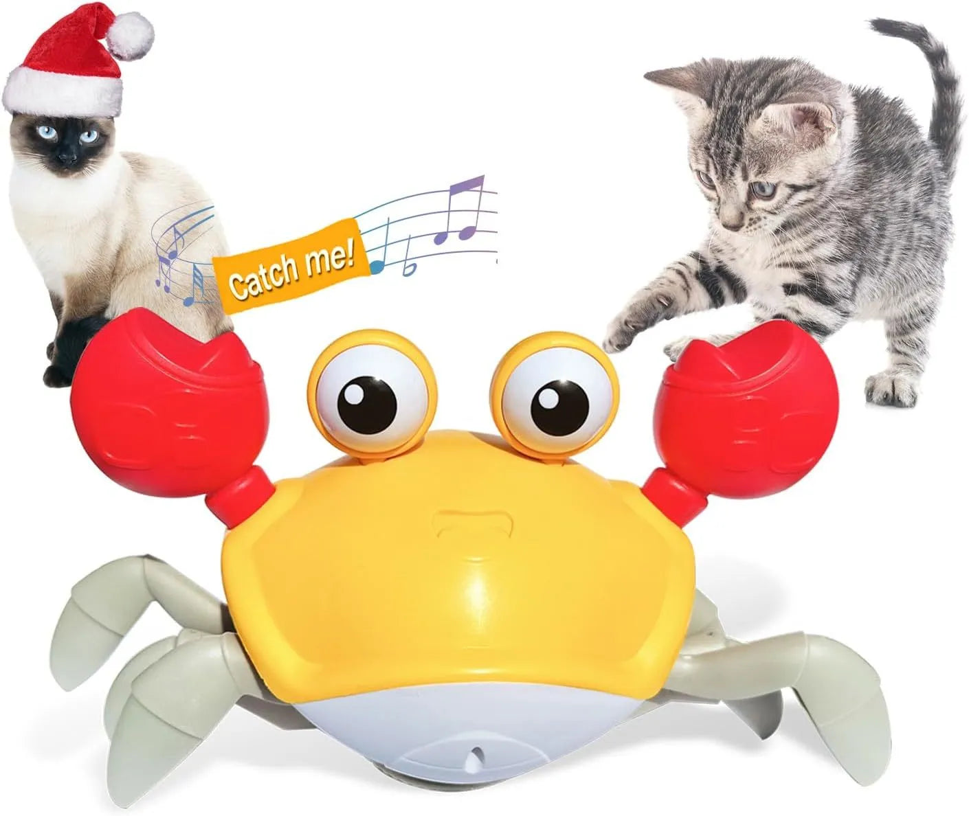 Blue electronic crawling crab dog toy on floor with lights illuminated.