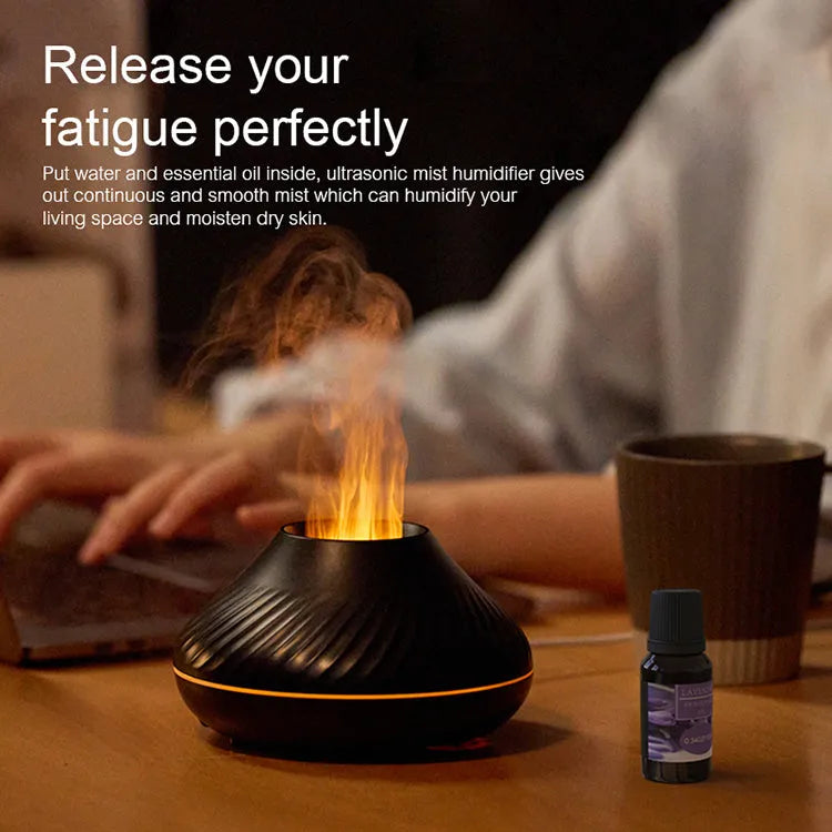 130ml RGB flame aroma diffuser with 3D colourful fire volcano effect humidifier night light black