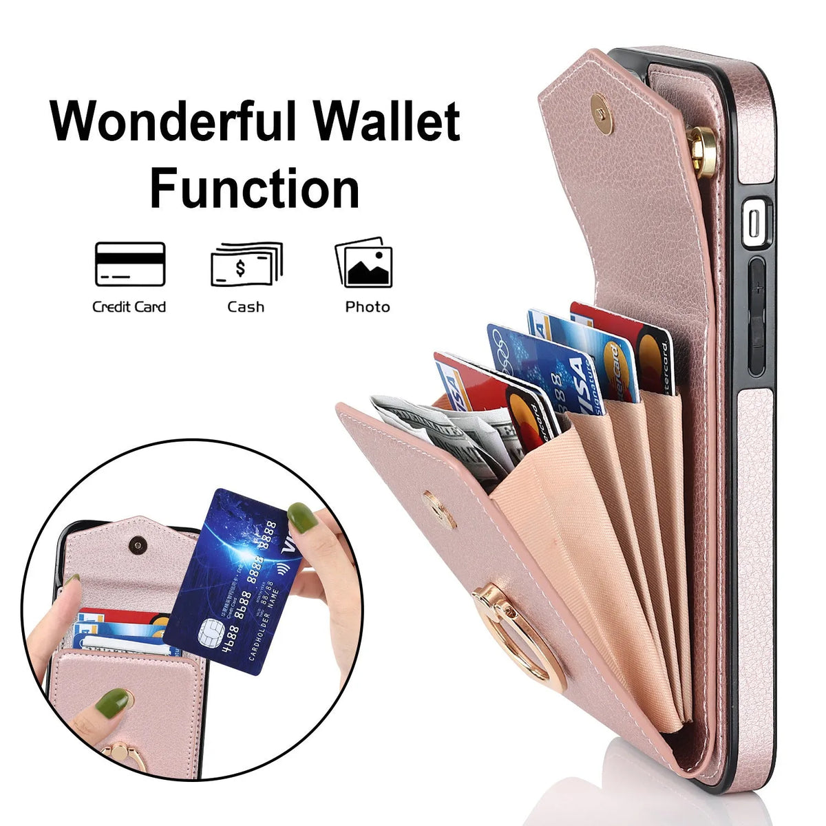 PU leather iPhone case with card slot and folding stand in black, mint green, milky white, red or rose gold