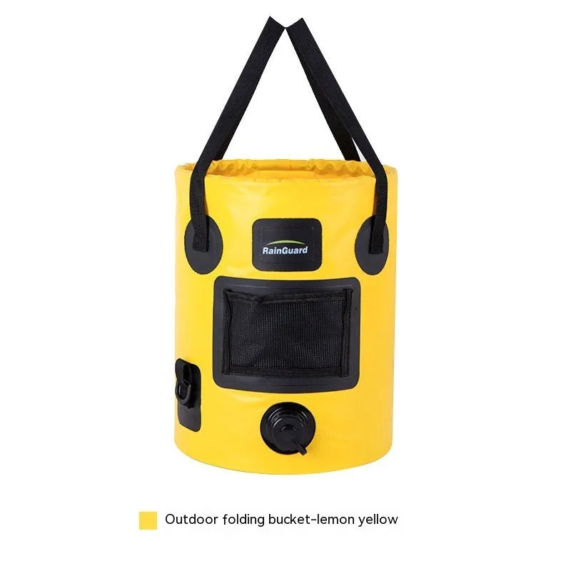 Lemon yellow plastic folding fishing bucket with a 25-litre capacity, shown both open and collapsed flat.