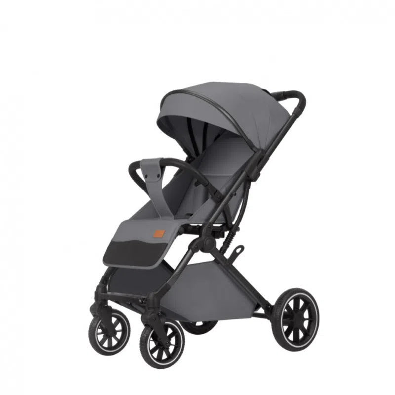 Lightweight folding baby stroller with lie-flat seat and four-wheel shock absorbers, available in black, dark grey, light grey and khaki