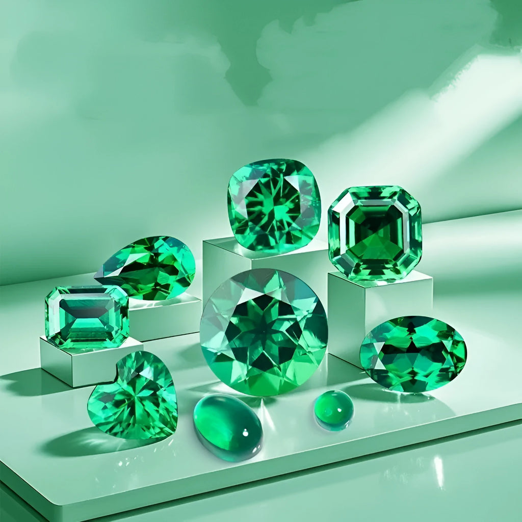 Collection of polished green cultivated emerald gemstones in various shapes and sizes on a white background.