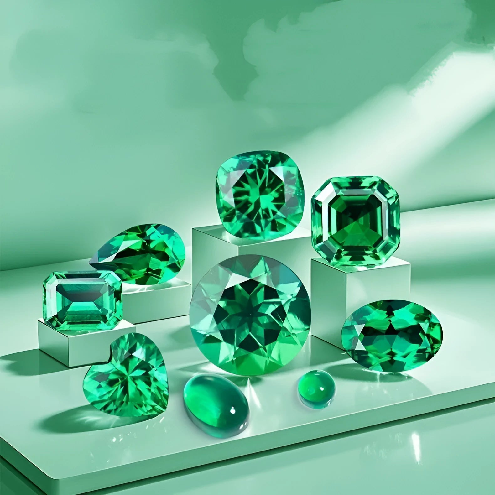 Collection of polished green cultivated emerald gemstones in various shapes and sizes on a white background.