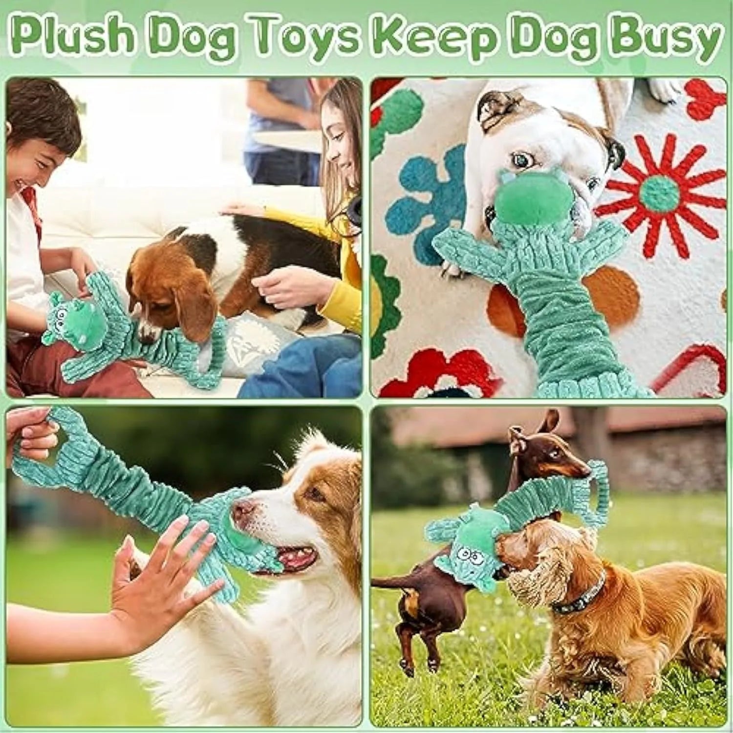 Large plush squeaky dog toy in bright colours with a handle, shown in Hippo and Monkey designs.
