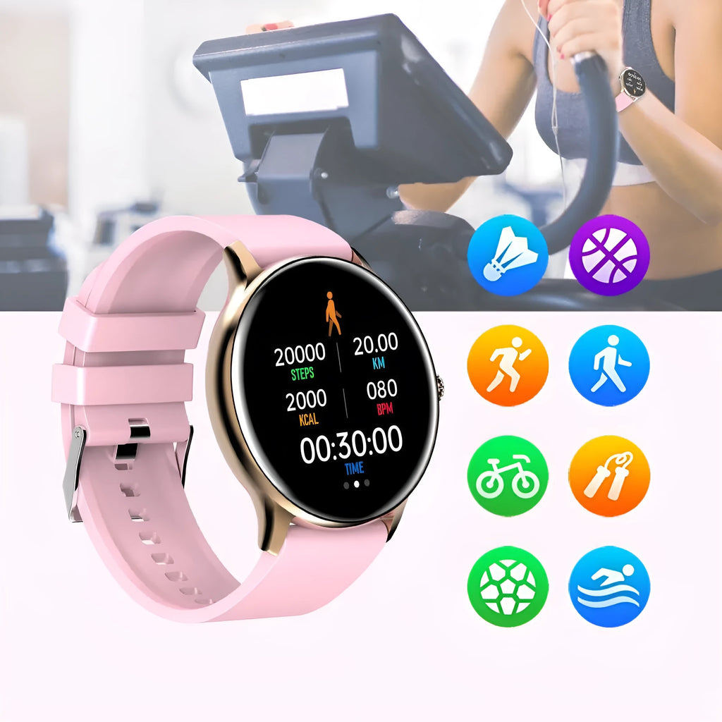 Black blood pressure smart sports watch with silicone strap on a wrist, showing its 1.28-inch touchscreen display.