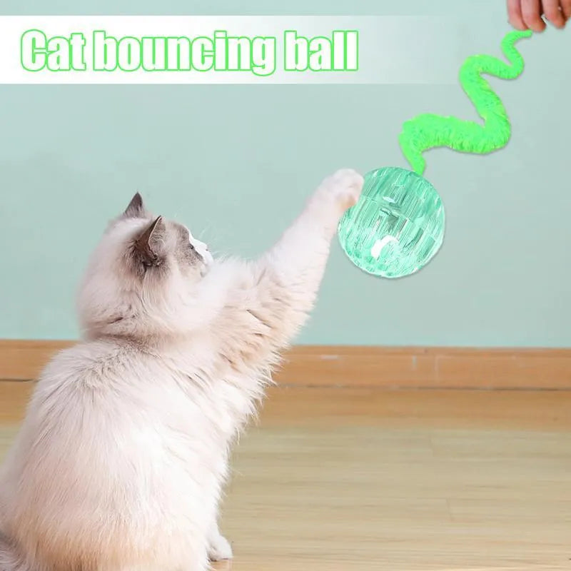Interactive bouncy ball cat toy with plush tail in green, pink and purple colour options