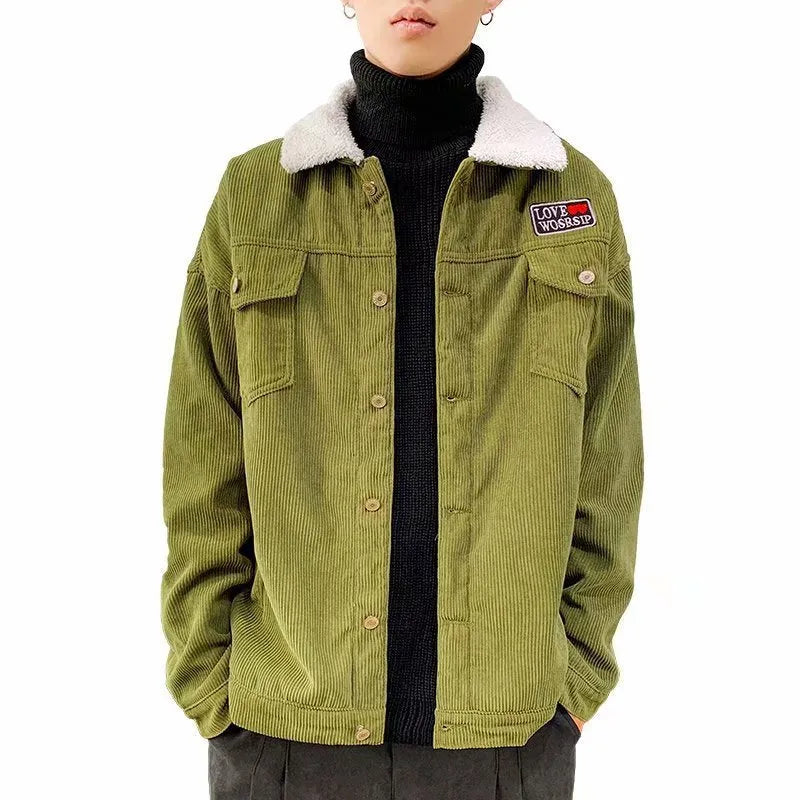 Men's corduroy workwear jacket in khaki colour with side pockets and loose fit design