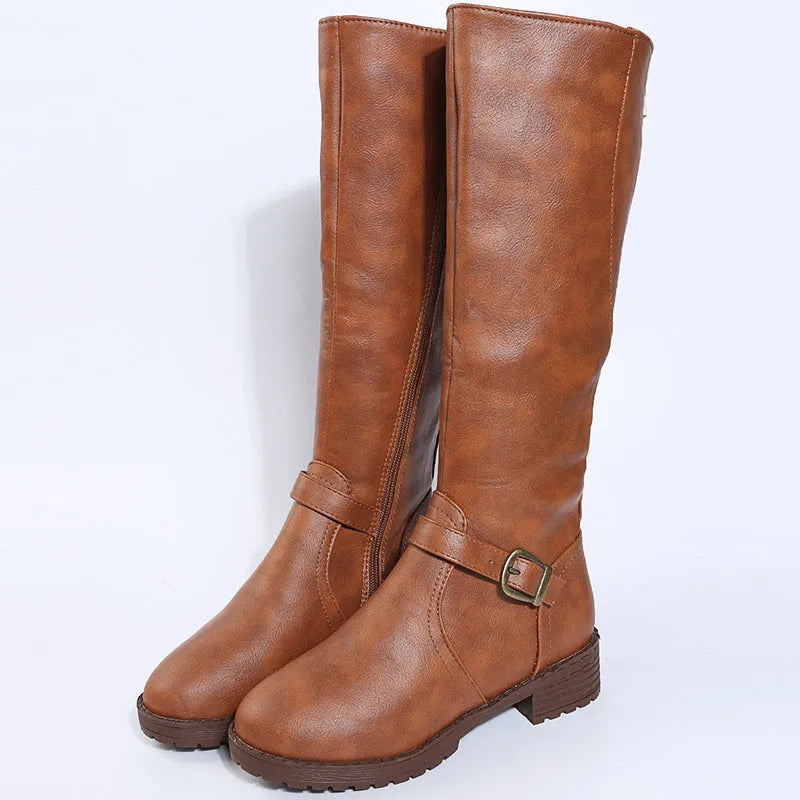 Women's black knight boots with square heel, round toe, and buckle detail on a high cylinder shaft.