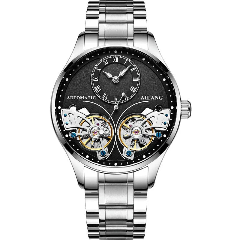 Automatic men's watch with tourbillon and moon phase displays in titanium case