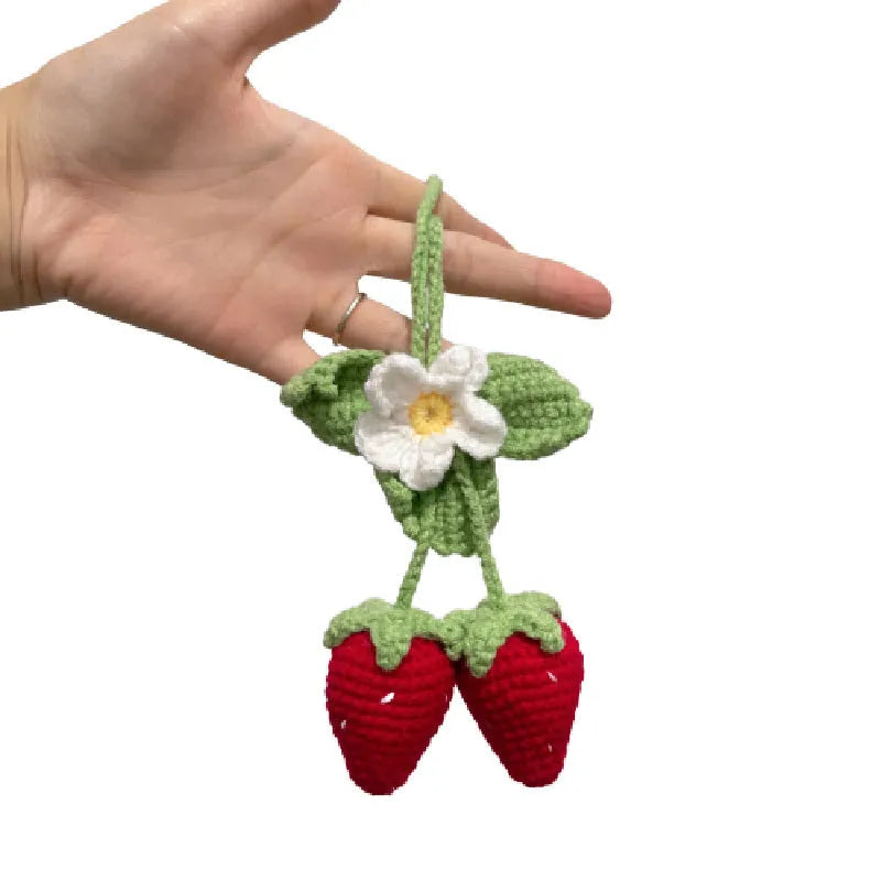 Handmade strawberry-shaped car pendant woven from cotton and hemp, a hanging decorative ornament.
