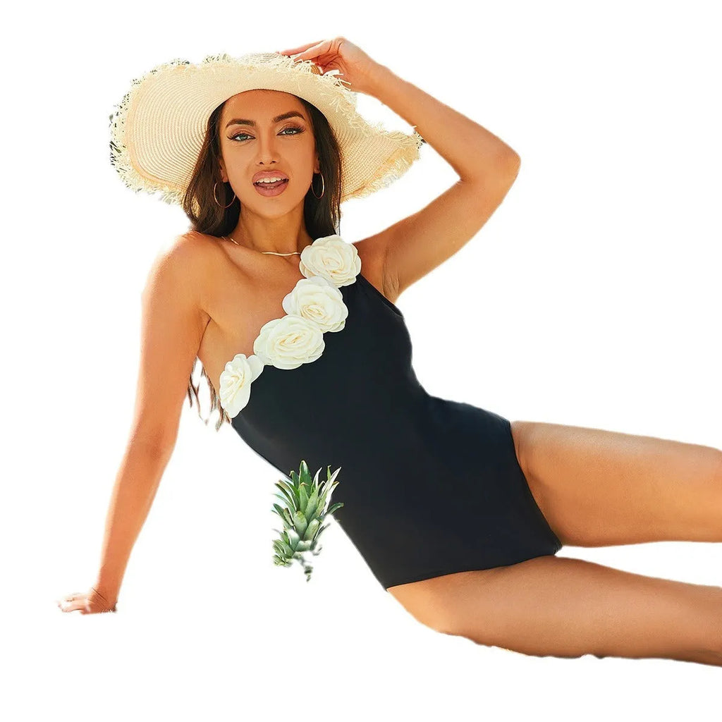 Black solid colour one-piece flower swimsuit with nylon lining for women