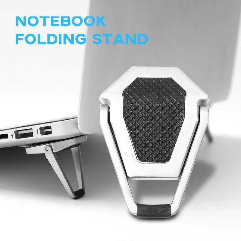 Aluminium alloy laptop bracket showing folded dimensions of 4.8cm by 3.5cm with 3M adhesive backing