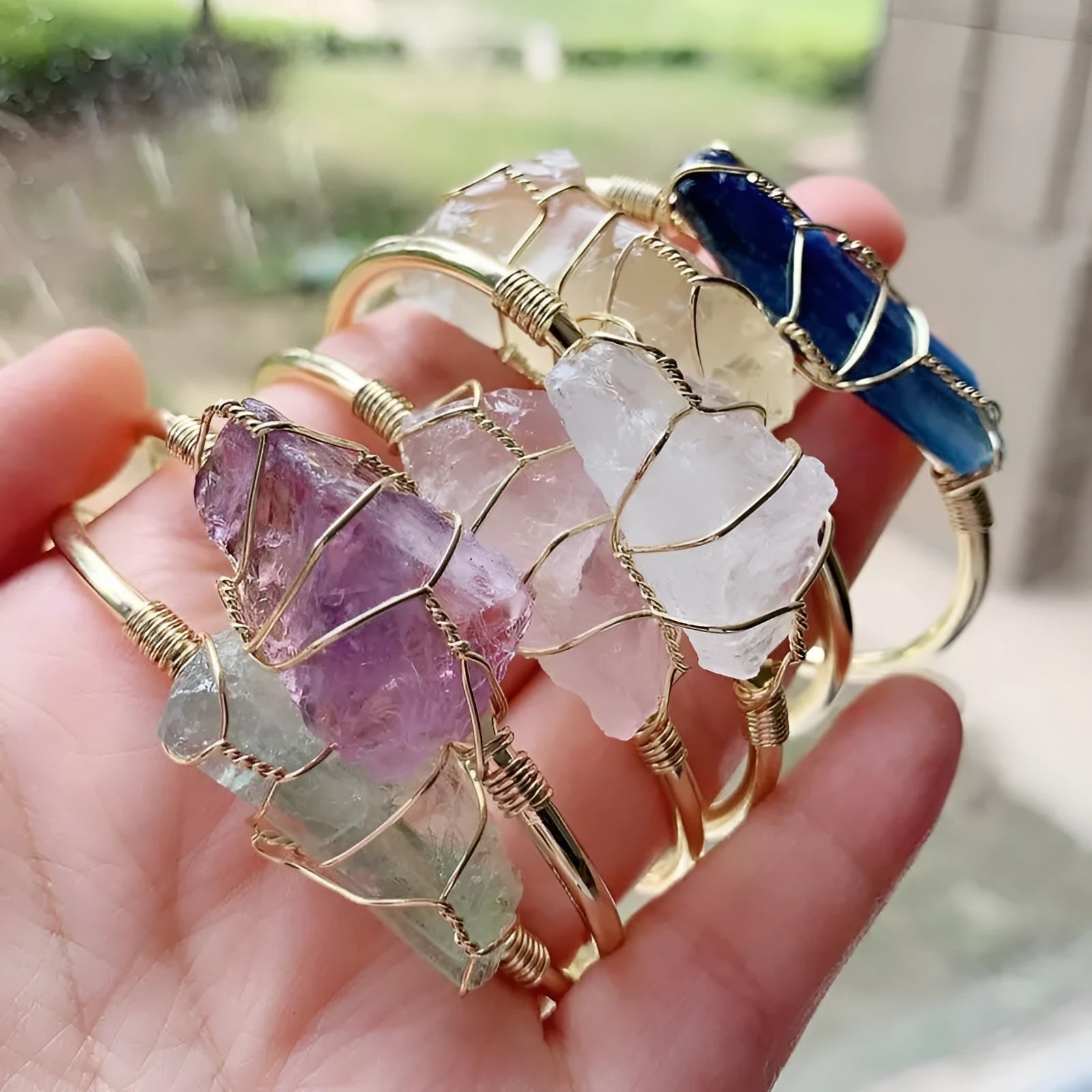 Natural crystal rough stone bracelet with gold winding geometric bohemian design