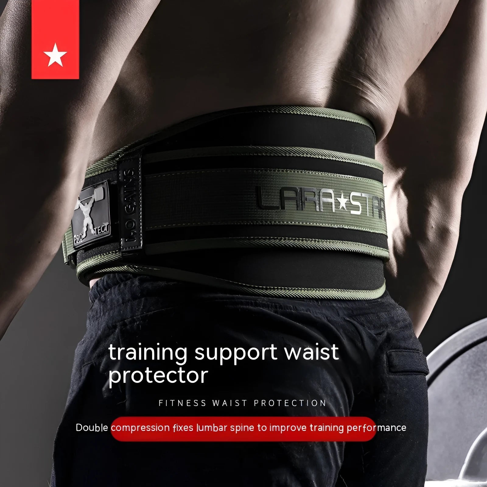 Men's fitness lumbar support belt in army green for weight training and gym workouts.