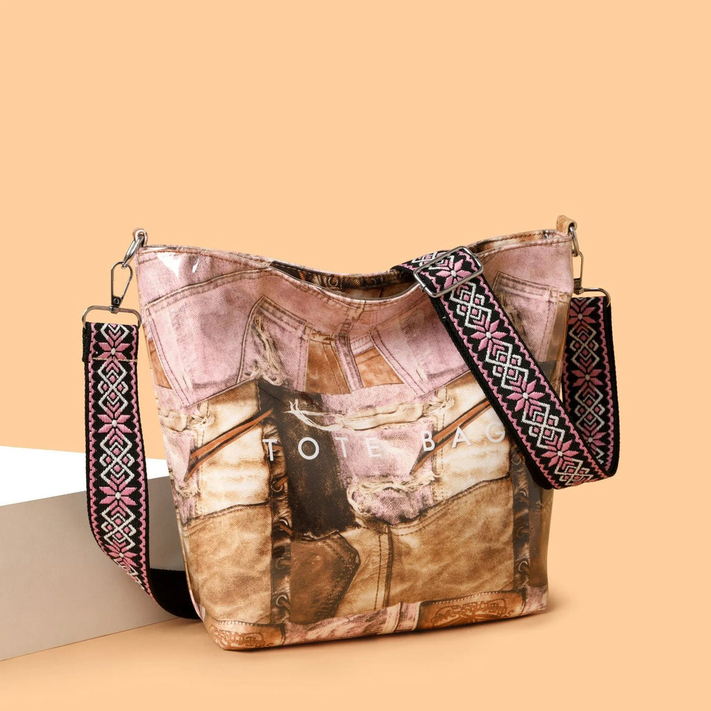 Large capacity retro patchwork PVC tote bag in pink with sandwich pocket and single shoulder strap
