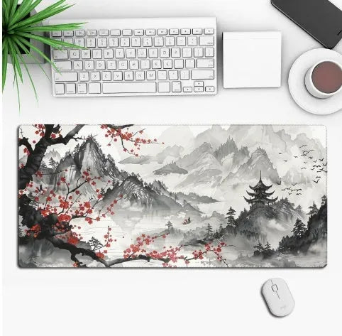 Custom anime graphic gaming mouse pad with non-slip rubber base on a wooden desk.