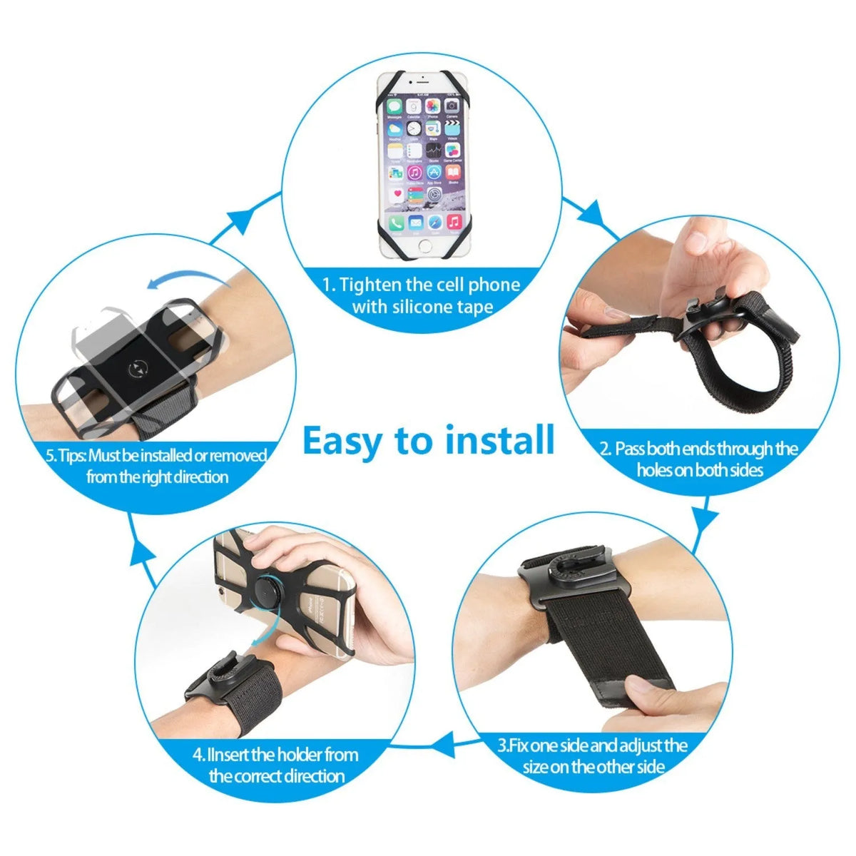 Black detachable swivel sports phone case with armband, wristband, and bicycle stand base on white background