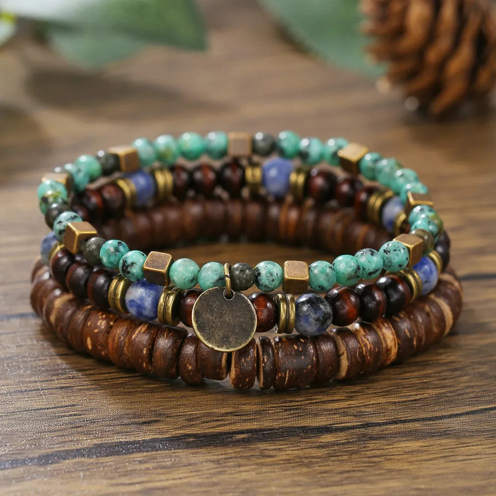 Hand-woven unisex wood bracelet with turquoise accents and totem pattern