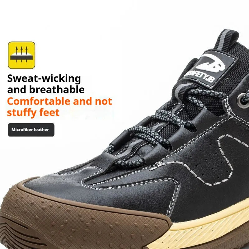Men's Flyknit style leather work shoes with a rubber sole, shown in black colour
