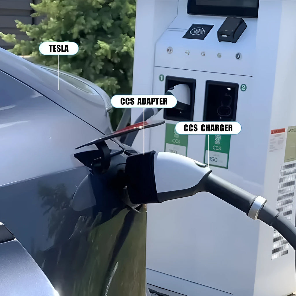 Black Tesla charging plug conversion adapter for J1772 connectors with dimensions 195mm x 96mm x 67mm