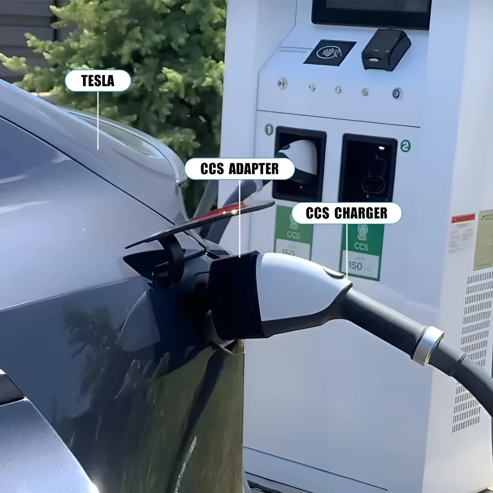 Black Tesla charging plug conversion adapter for J1772 connectors with dimensions 195mm x 96mm x 67mm