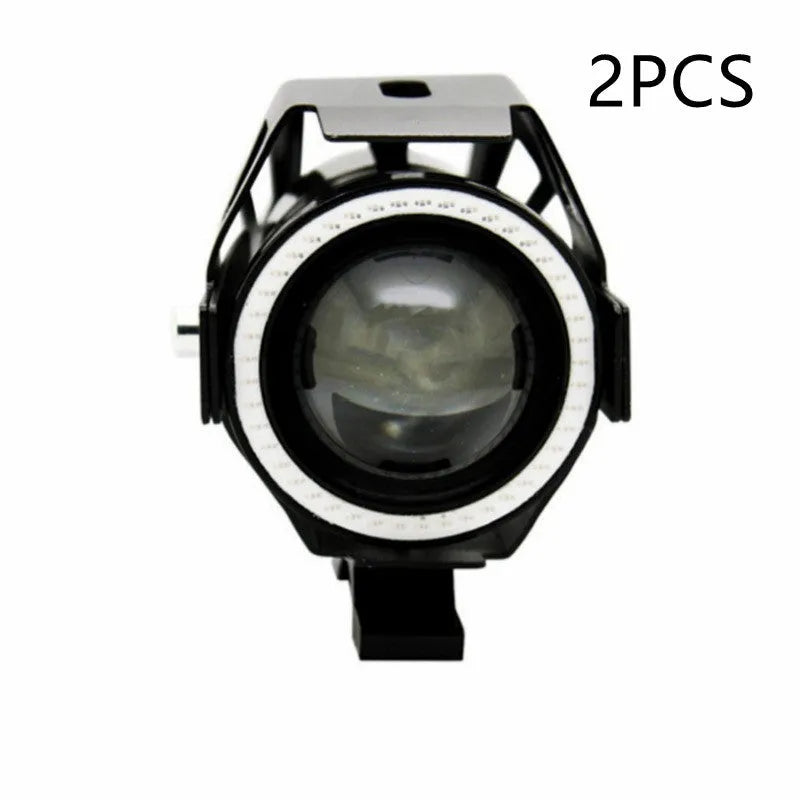 Black plastic motorcycle LED spotlight with 125W power and 50m range, 12x8cm size