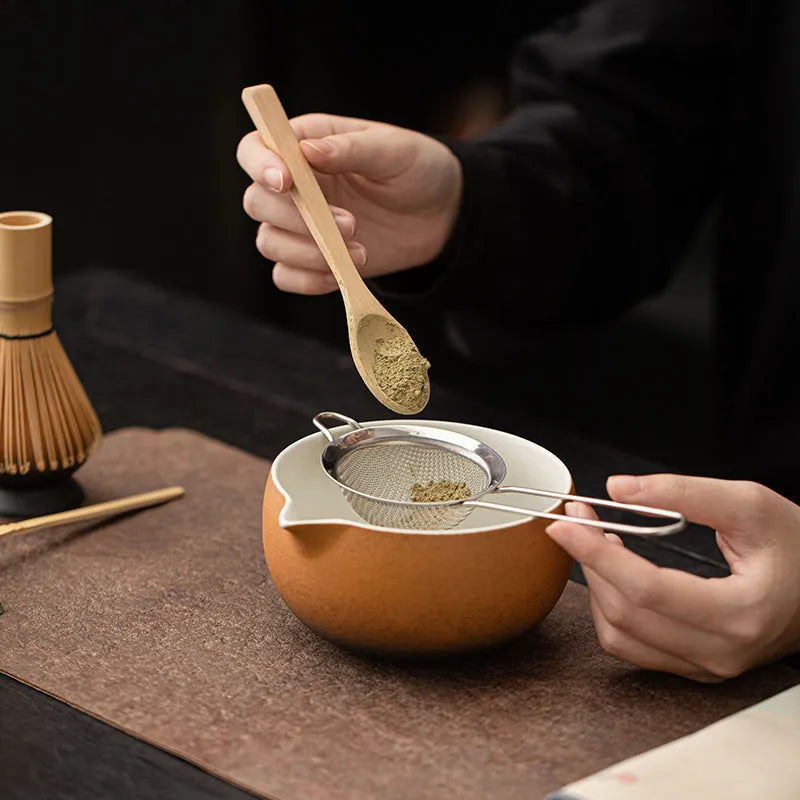 Guyun matcha eight-piece set with 600ml ceramic bowl, spoon, strainer, sifter, tea mat, stands and shelf