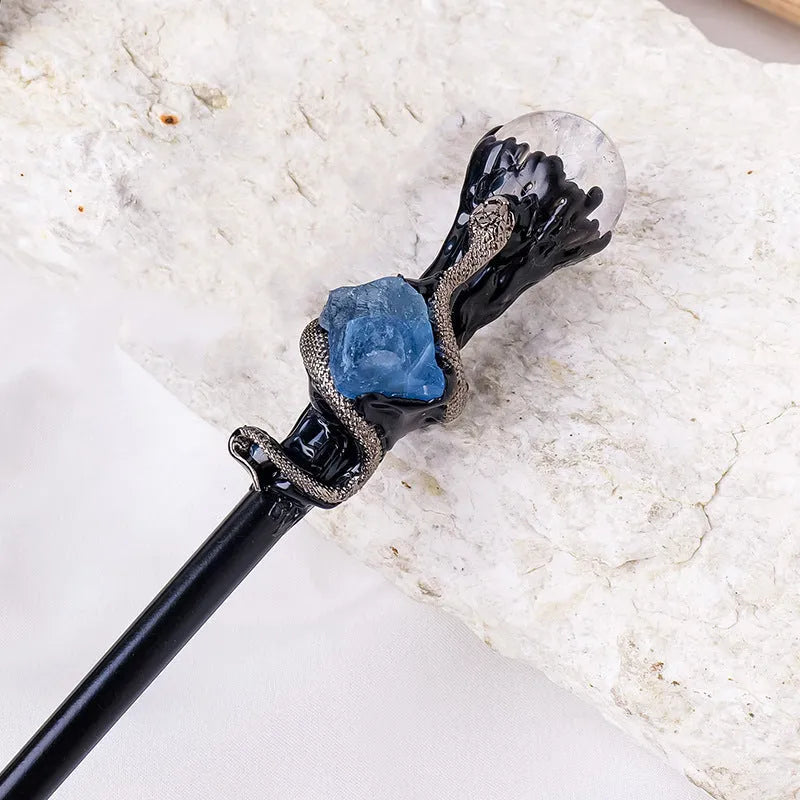Natural crystal ball magic wand with amethyst stone topper for Halloween prop