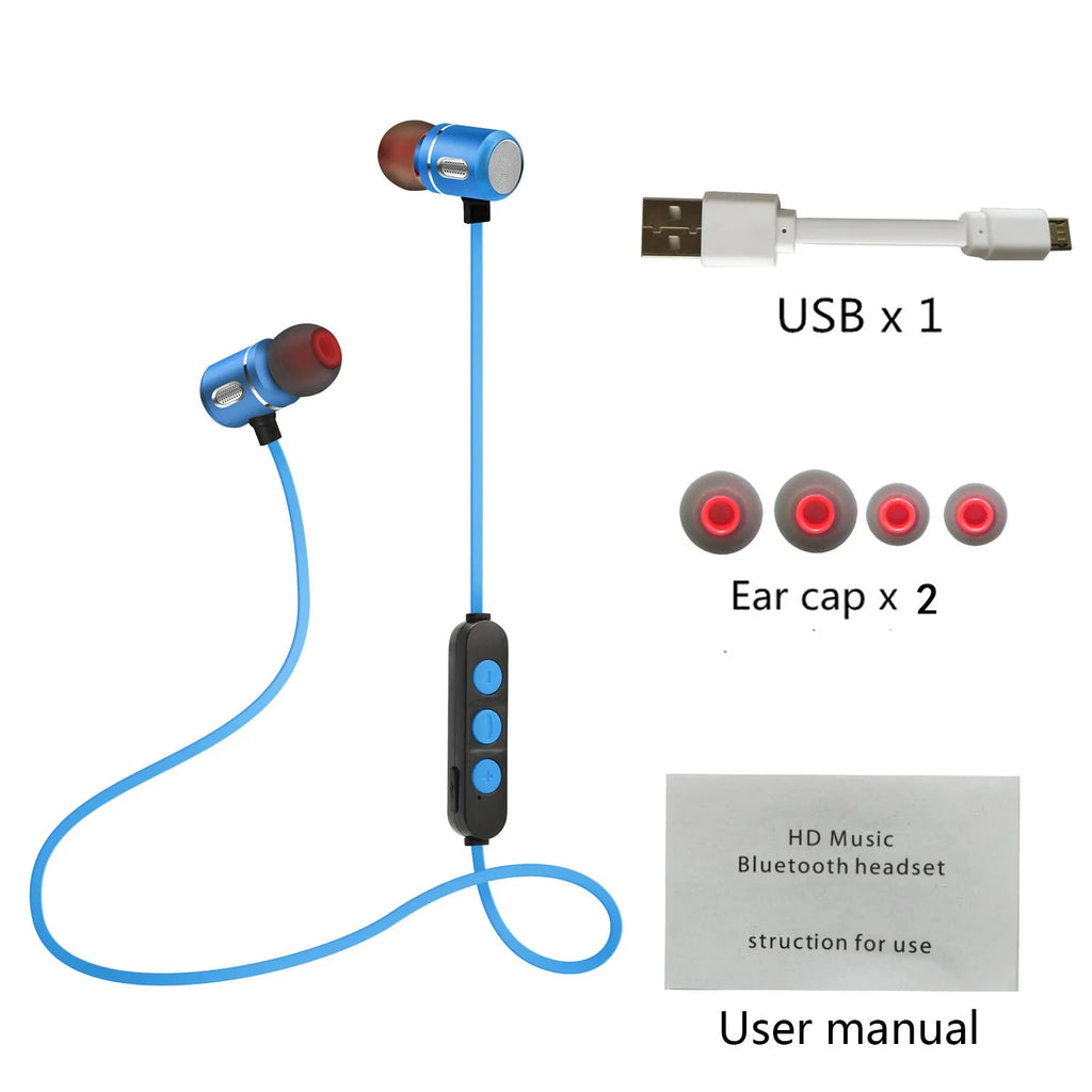AX-09 Magnetic Sports Bluetooth Headset in blue with charging cable and ear caps