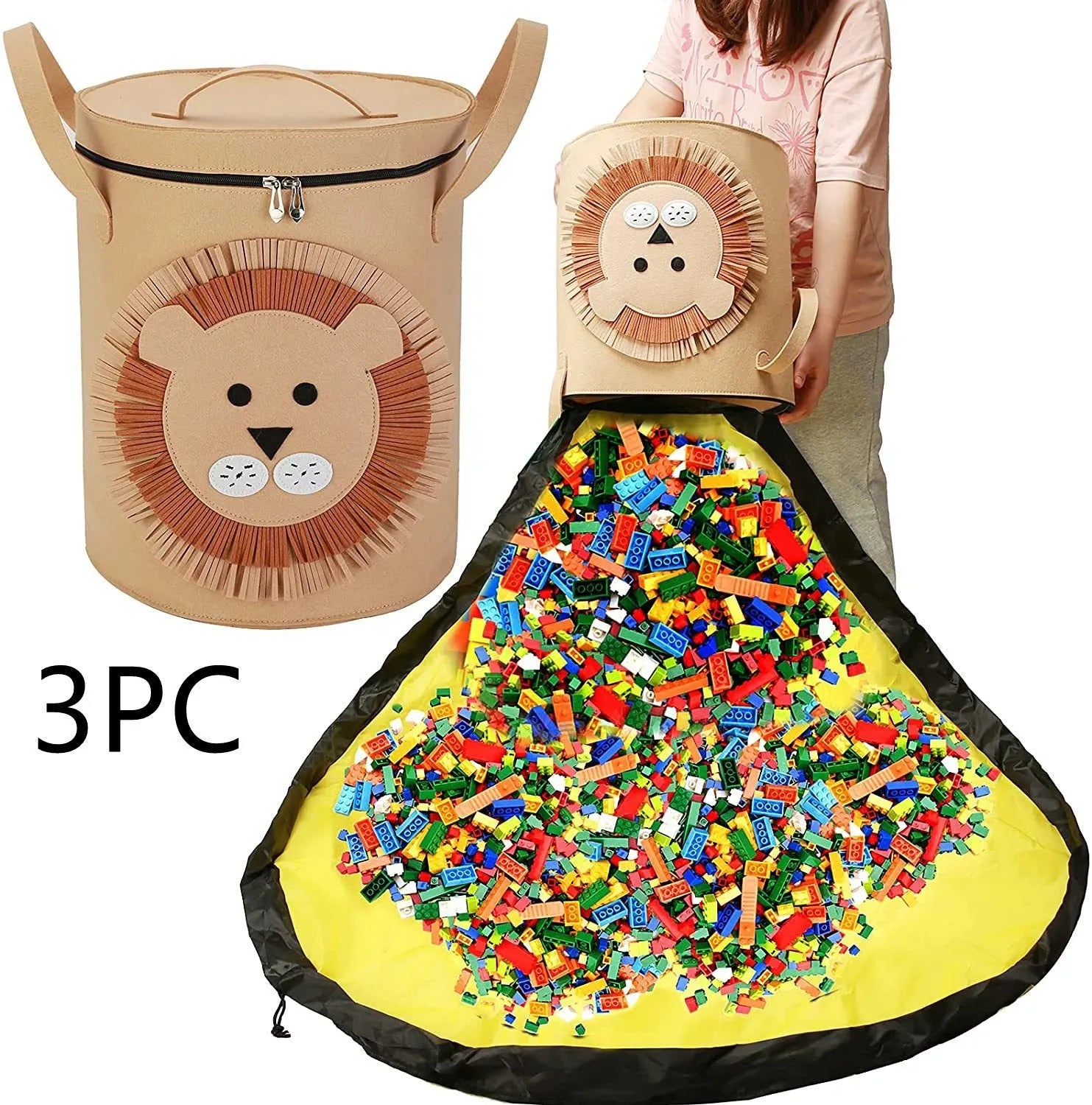 Green felt storage bag with pull rope that converts to toy play mat