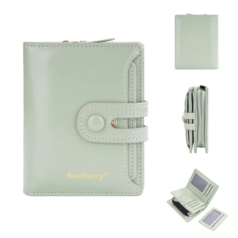 Women's PU leather bifold wallet card holder shown in multiple colour options.