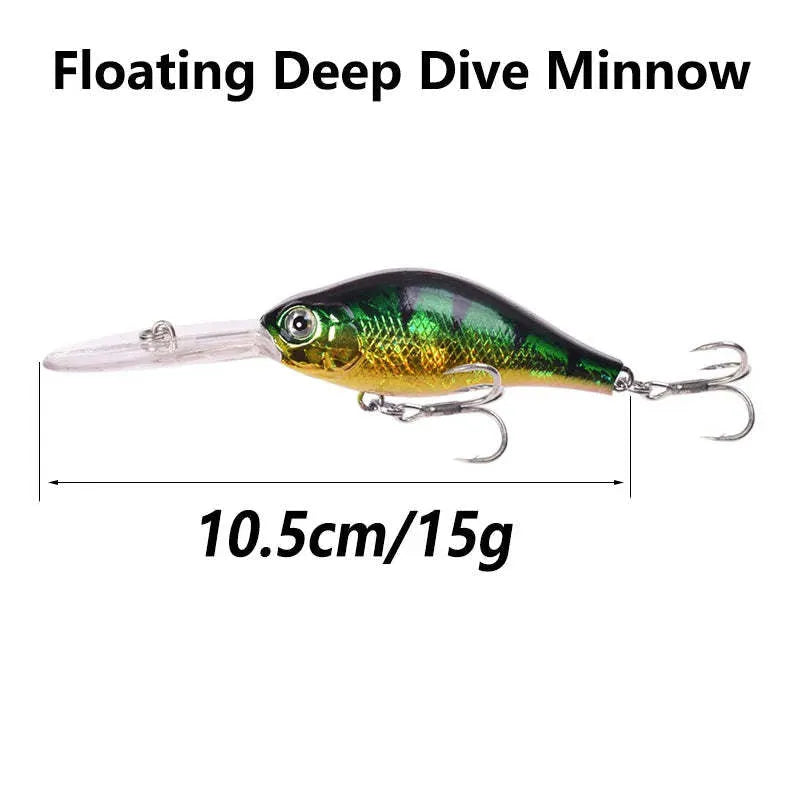 Deep diving long tongue mino fishing lure measuring 10.5cm with extended bill design