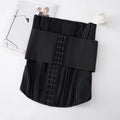 Black nylon belly band waist trainer for tummy slimming and fitness support.