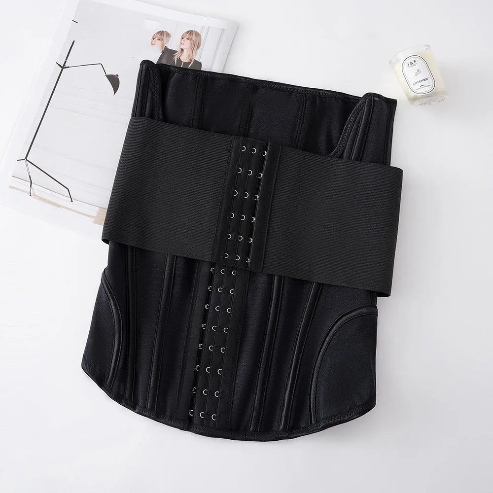 Black nylon belly band waist trainer for tummy slimming and fitness support.