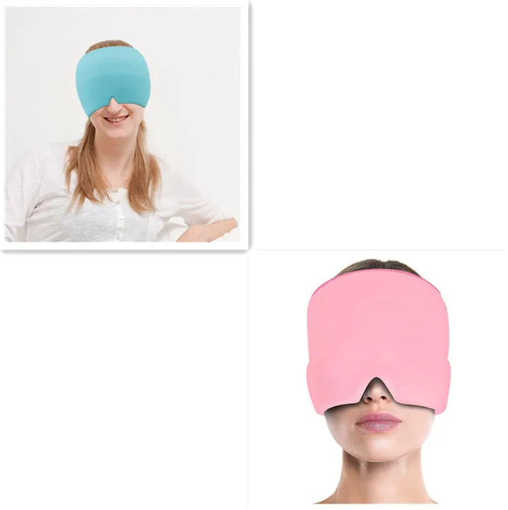 Black elastic ice gel headache relief eye mask shown on a mannequin head, adjustable for 42-66cm circumference.
