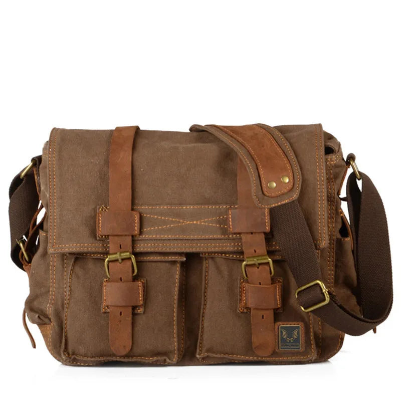 Men's retro canvas crossbody shoulder bag with flap closure and cowhide trim in Army Green colour.