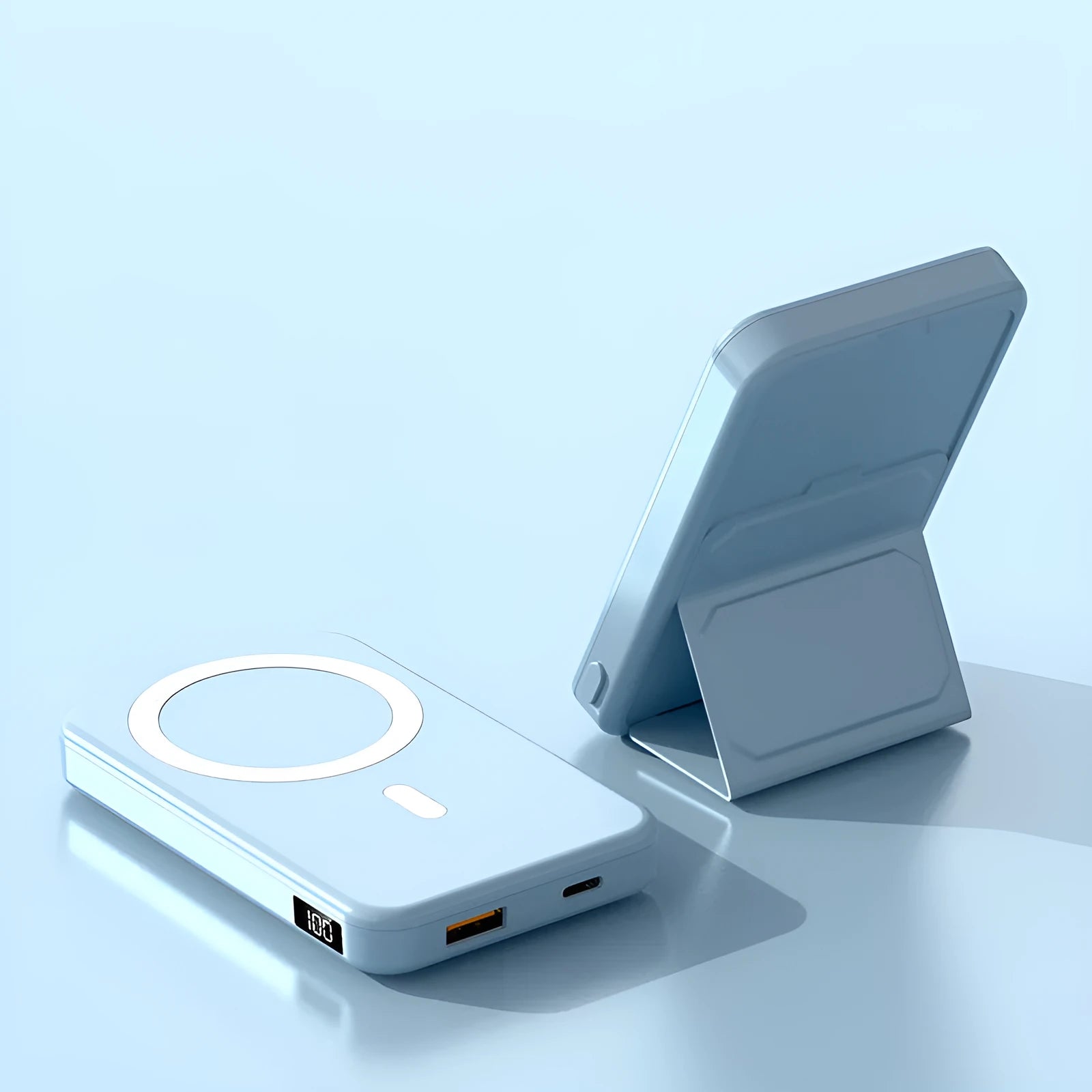 Magnetic wireless charging power bank with folding stand unfolded, shown in navy blue colour.
