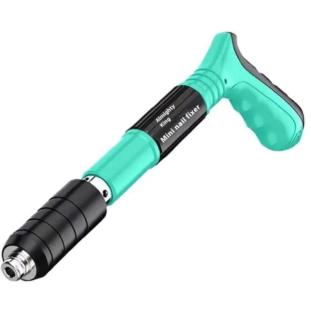 Mini ceiling nail gun with green toolbox and 25mm nails side exhaust
