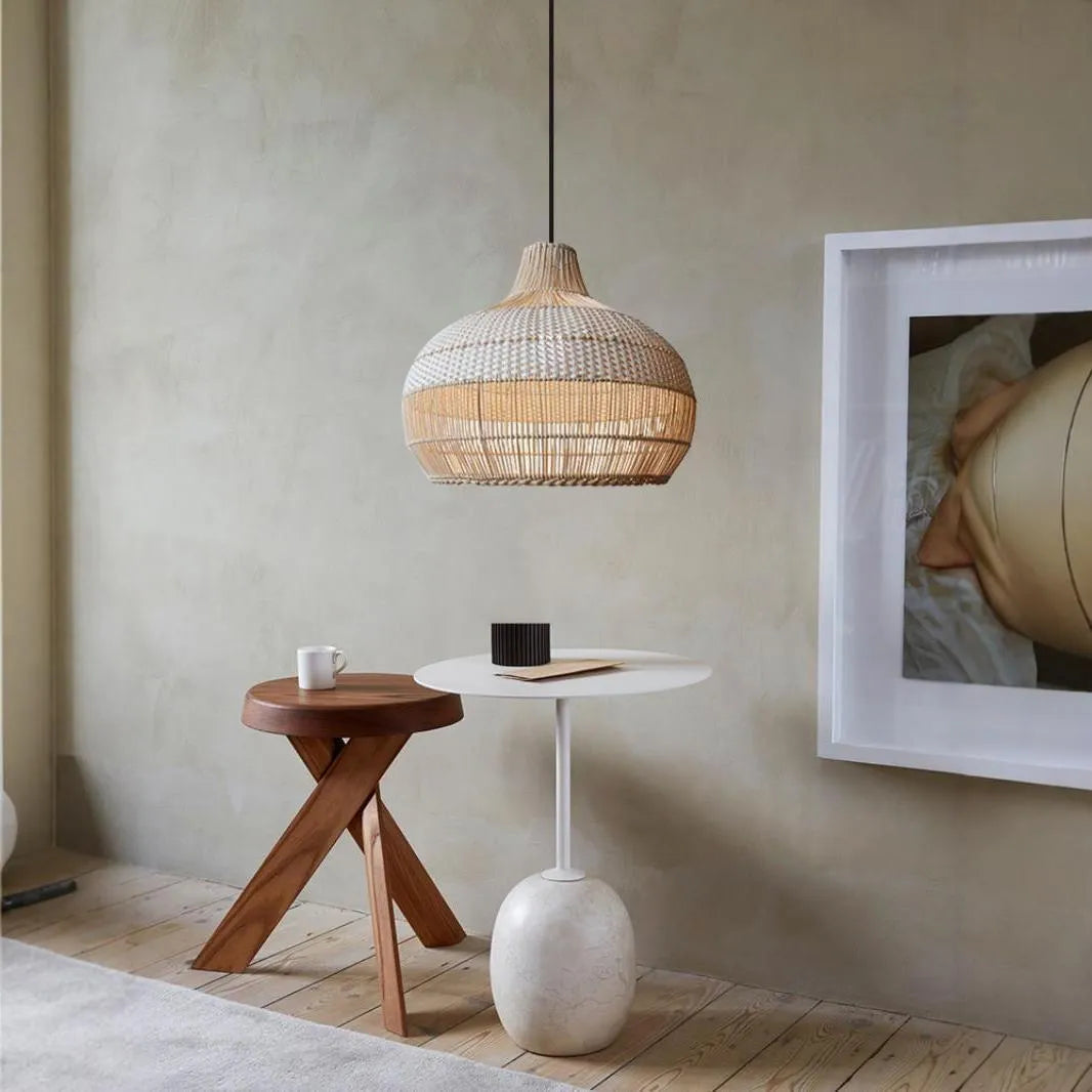 Woven rattan ceiling chandelier with a 60cm diameter in a Silent Wind style.