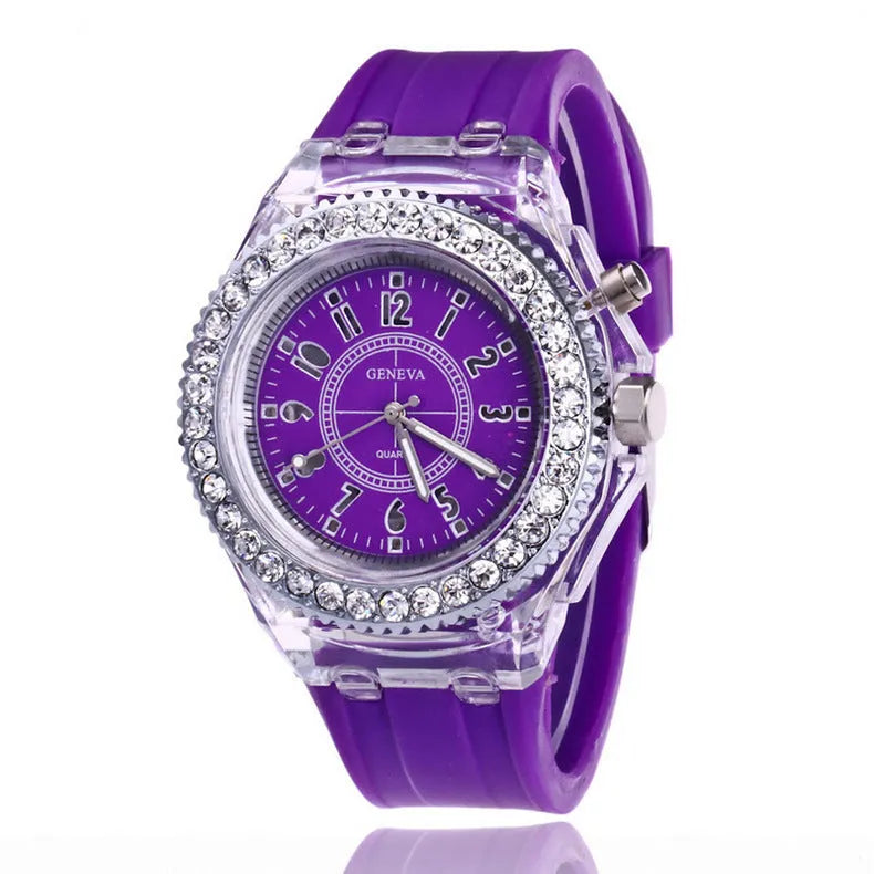 Geneva women's LED luminous quartz watch with silicone strap and round 43mm dial